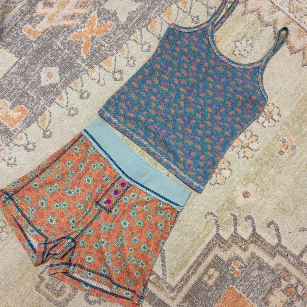 Natural Life Pajama Set Waffle Knit Floral Cami and Shorts Blue Orange NWT - Picture 3 of 11